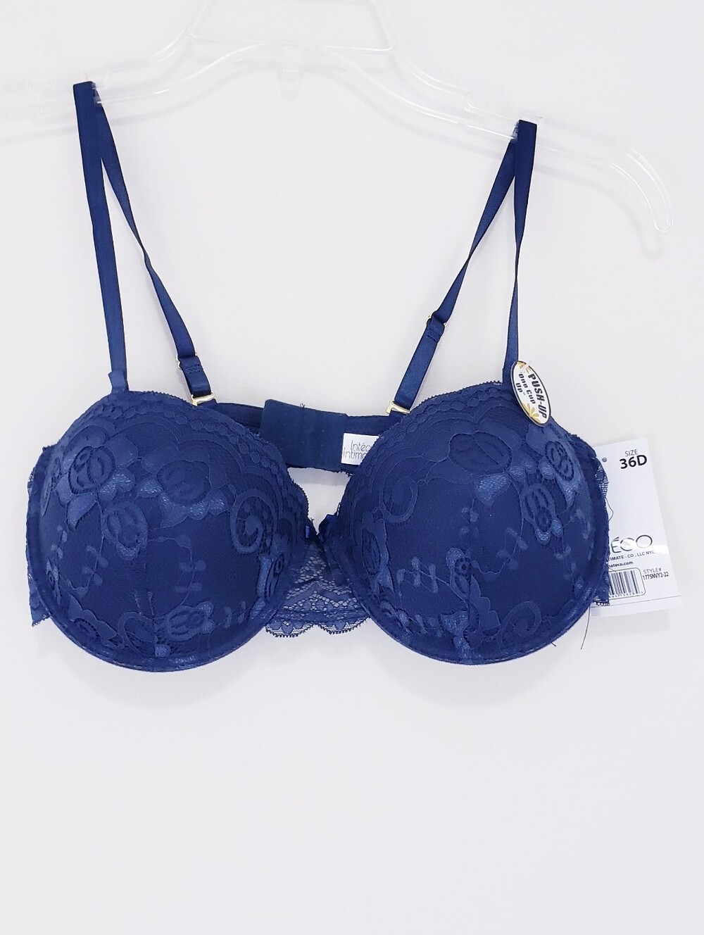 Navy Blue Lace Push Up Bra Inteco Intimates Size 36D NEW with TAGS